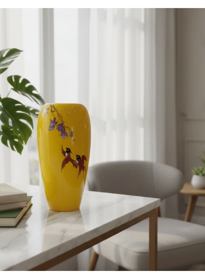 AKDC Decorative Fibre Flower Vase – Bright Yellow Finish with Artistic Birds Design, 26 cm - Image 2